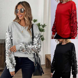 新款时尚亮片拼接长袖女式衬衫源头厂家批发欧美休闲宽松圆领上衣