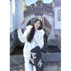韩版慵懒风减龄软糯温柔连帽毛领针织衫女秋冬新款休闲百搭毛衣潮