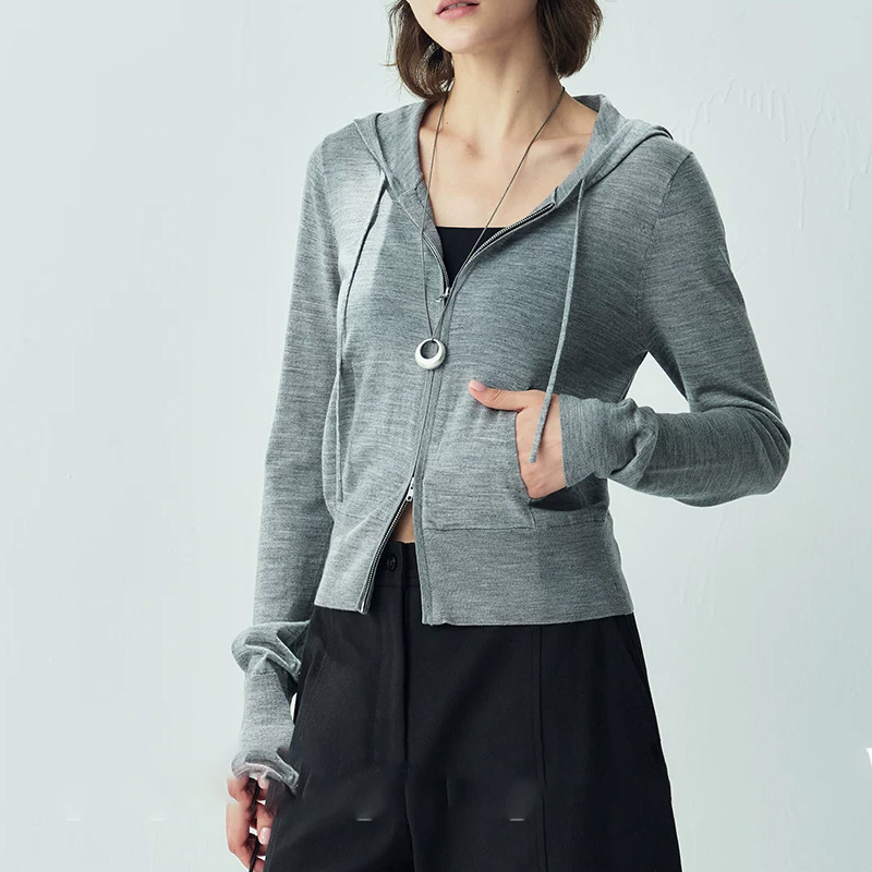 Amyy fine Yangzi yarn zippered hooded knitted cardigan women's top, slim-fit zippered jacket for petite women Amyy fine Yangzi yarn zippered hooded knitted cardigan women's top, slim-fit zippered jacket for petite women