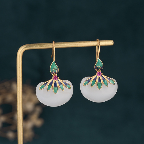 Chinese style classical Hanfu accessories cold enamel cloisonné craft inlaid imitation Hetian jade retro earrings and earrings for women