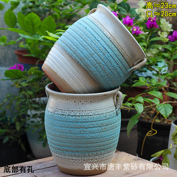 Simple Handmade Blue Bubble Glaze Stoneware Breathable Root-Growing Flower Pot Suitable for Succulent Old Pile Bougainvillea Indoor and Outdoor Planting