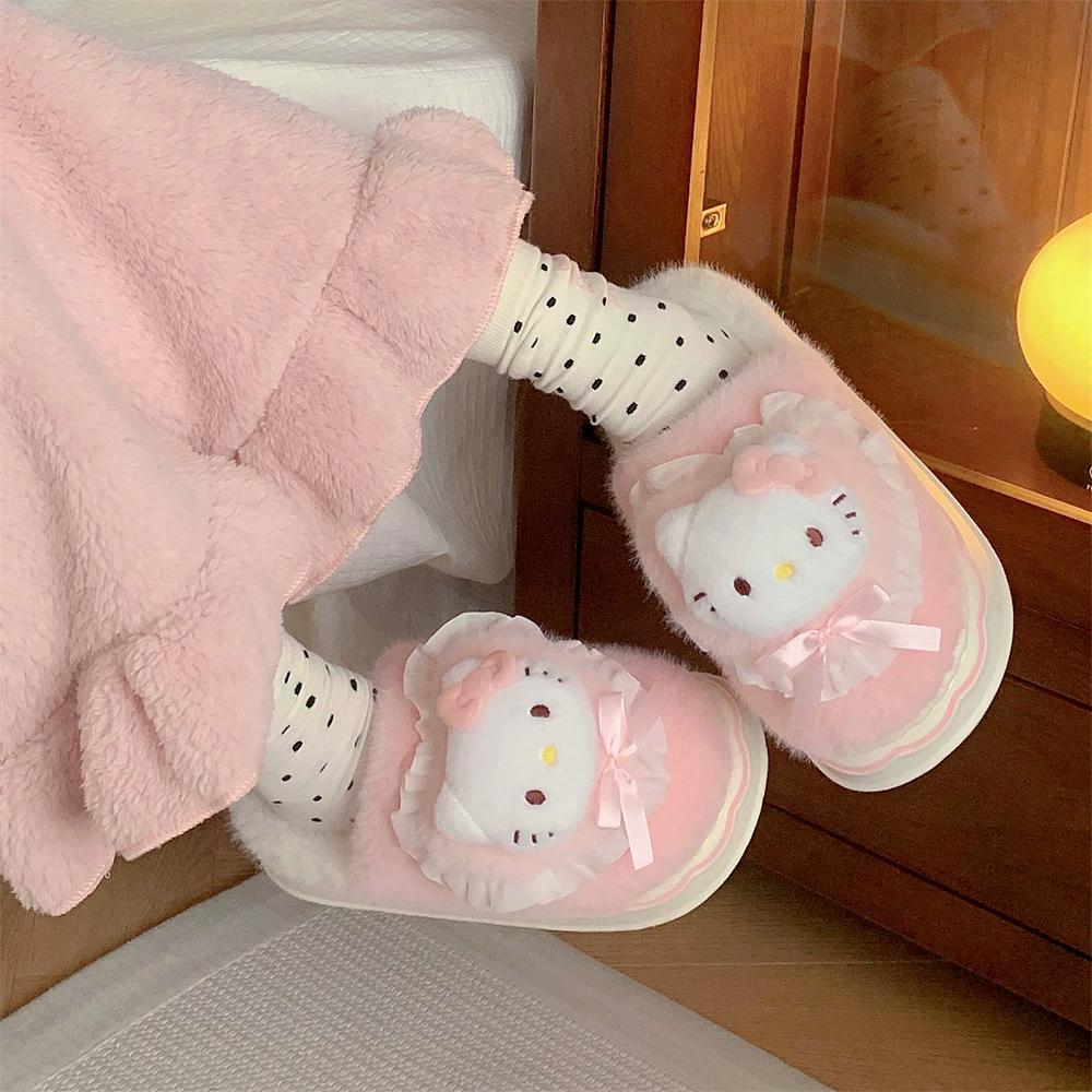 Персонализированная сеть моды красный досуг зимние дамы теплые хлопчатобумажные тапочки для дома Sanrio hellokitty меховые туфли