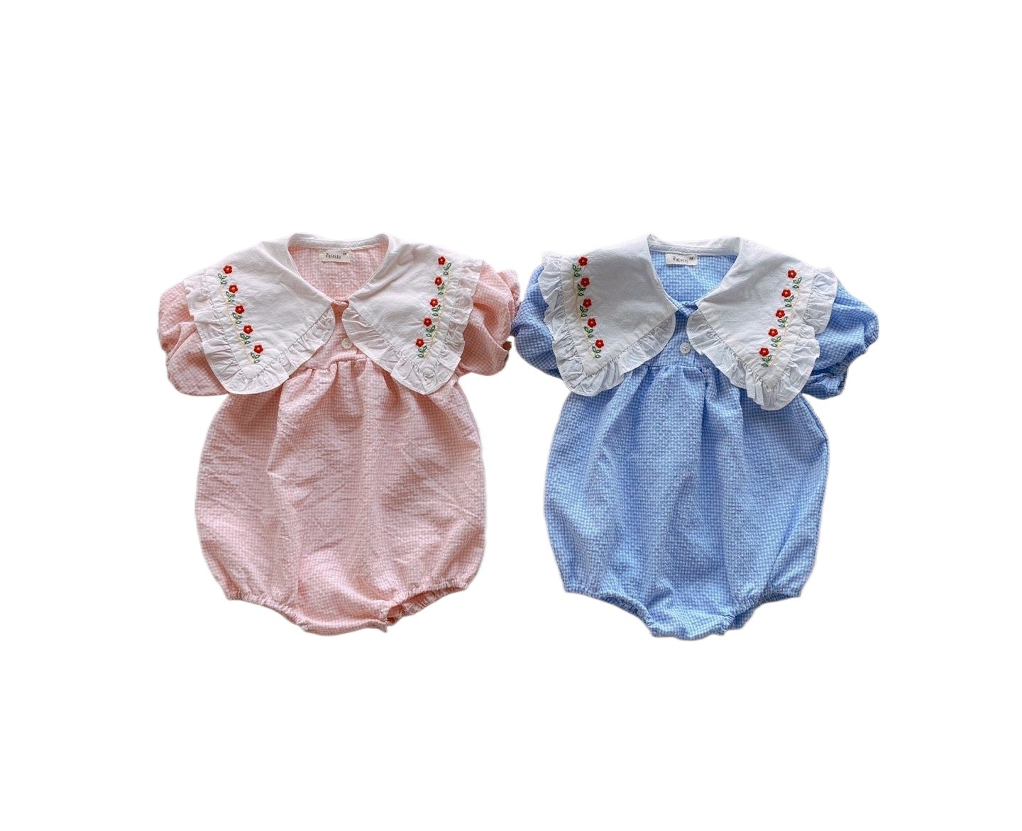 Estilo coreano niñas bebé solapa mameluco ins verano recién nacido Plaid bordado mono suelta triángulo mameluco