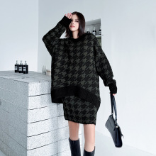 港风慵懒千鸟格针织套头上衣短裙两件套秋冬新款宽松遮肚显瘦套装