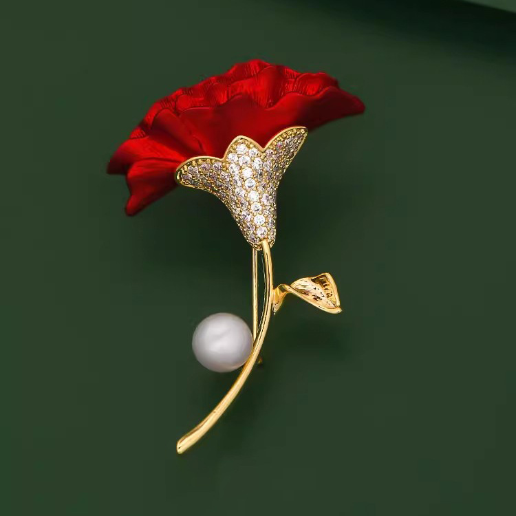 Red Carnation Brooch High-end Women's Temperament Luxury Pearl Corsage Niche Design Sense Pin Suit Accessories