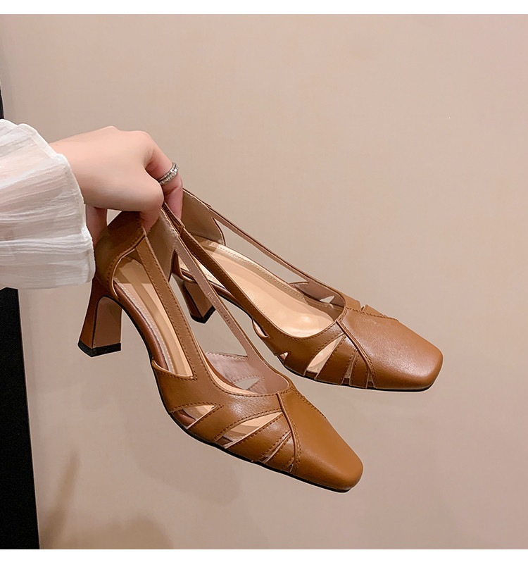 Giày cao gót nữ da thật mũi vuông nhỏ, gót cao 9 cm, phong cách thời trang xuân hè — màu nâu, màu trắng ngà chi tiết 22