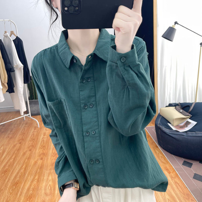 现货双排扣棉麻长袖衬衫女春秋polo领内搭上衣宽松设计感打底衬衣|undefined