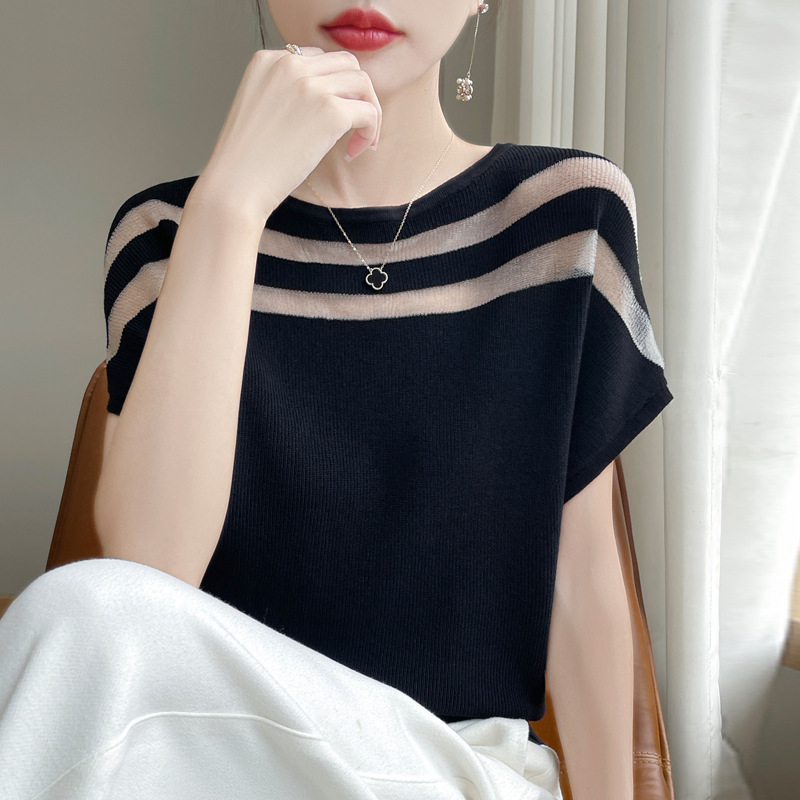 2024 summer new organza stitching ice silk crew neck sweater short sleeve T-shirt women's thin mesh top