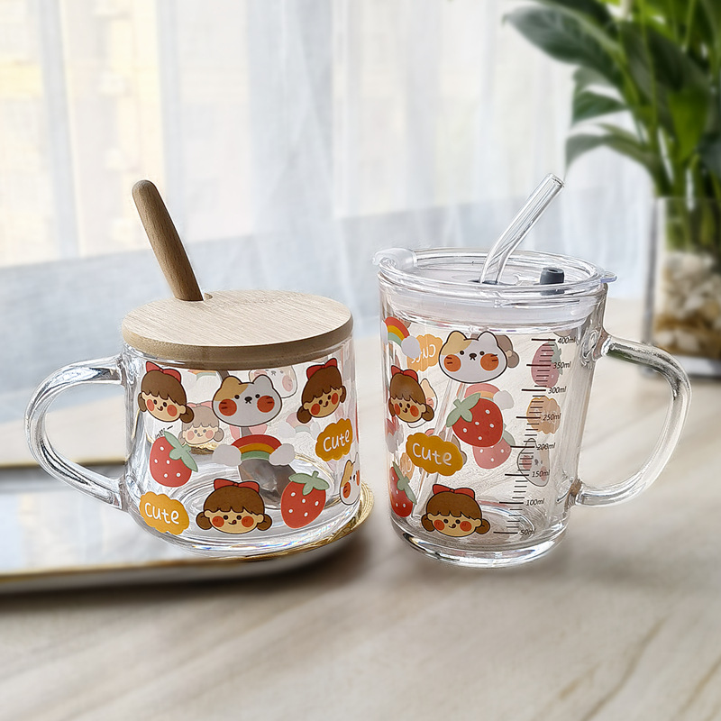 INS Glass Cup with Cartoon Print, Straw-Attached Lid & Spoon, Measuring Scale—Cute Milk Cup Ideal as a Breakfast Gift or Customizable Logo Present