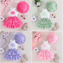 2025年跨境欧美女童新款纯色无袖上衣订花朵蛋糕短裙+帽子三件套