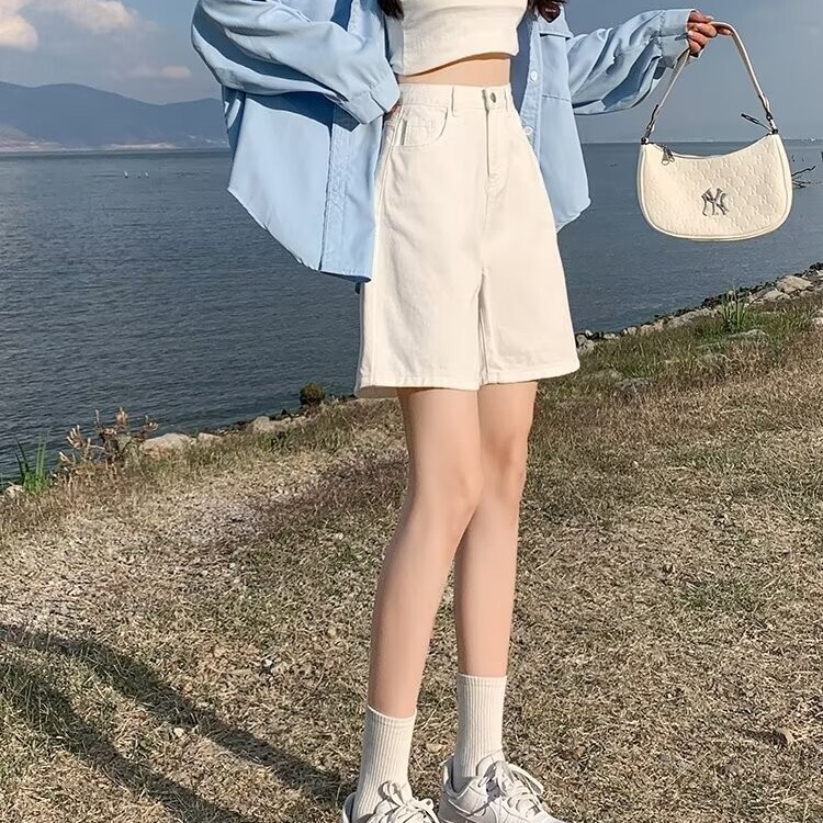 creamy-white High Waist Slim Denim Shorts Women's Straight Tube Loose Wide Leg Five Points 2024 New 5 Points Medium Pants
