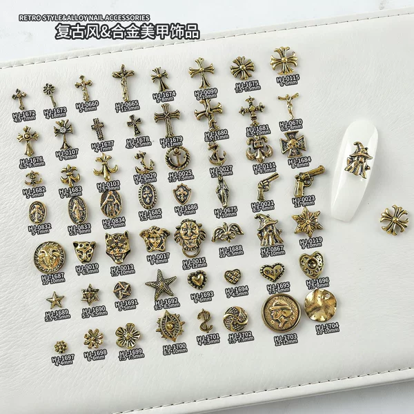 Factory Direct Sales of Trendy New Retro Cross Nail Art Rhinestones Wholesale, Heart-Shaped and Lion Head Nail Decorations