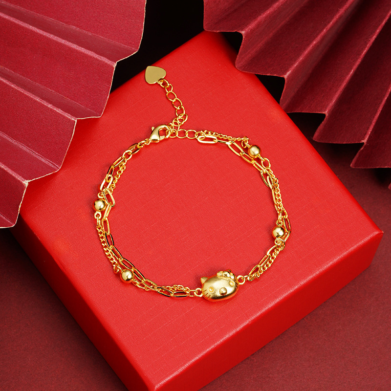 Nueva pulsera de oro de arena vietnamita linda pulsera de doble capa de gato Kitty mujer salvaje durante mucho tiempo sin decoloración joyería de mano al por mayor