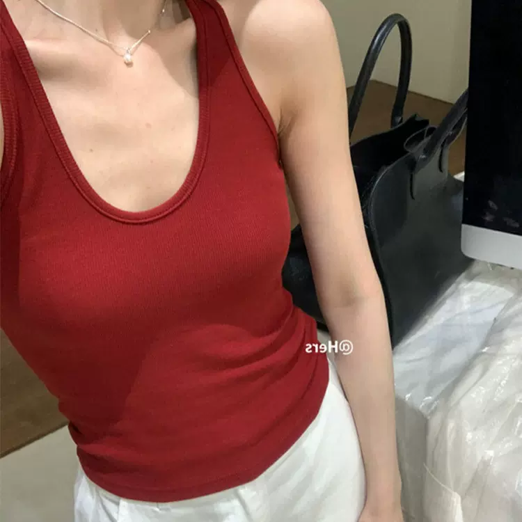 质量版辣妹吊带背心带胸垫红色挂脖上衣女夏季简约百搭美背298
