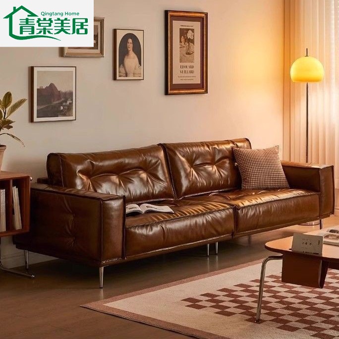 Vintage-Style Long-Lasting Sofa for Small Apartments, Straight Three-Seater Leather Sofa, French Retro Oil-Waxed Genuine Leather Sofa