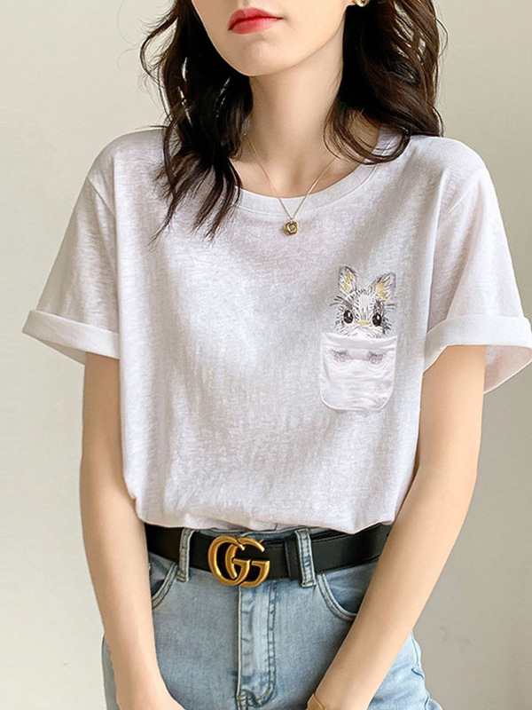 Áo thun nữ cổ tròn tay ngắn họa tiết thêu thỏ dễ thương form rộng — đen