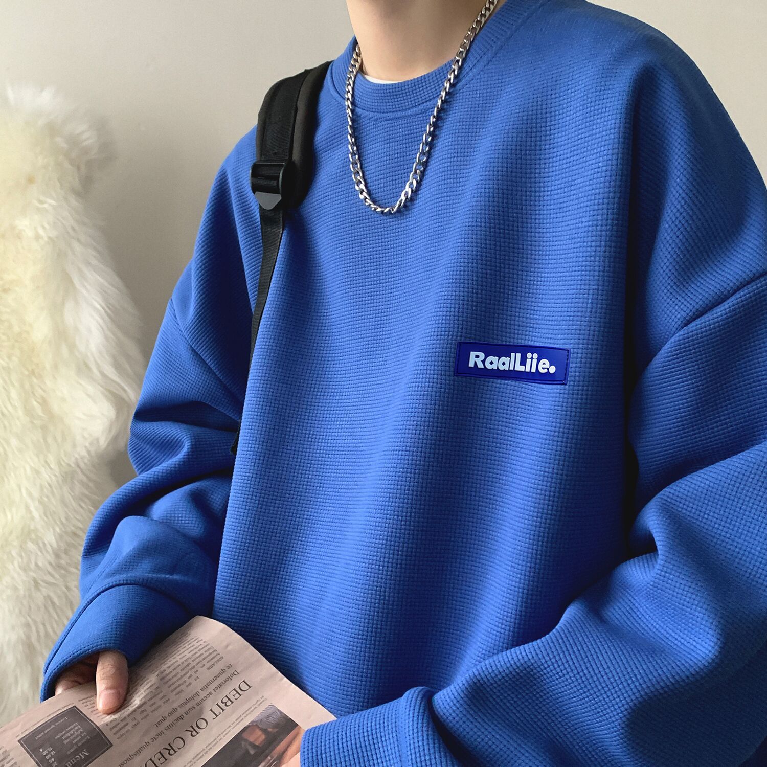 Men's sweater men's design sense niche fashion brand street American loose round neck waffle spring and autumn coat trendy men