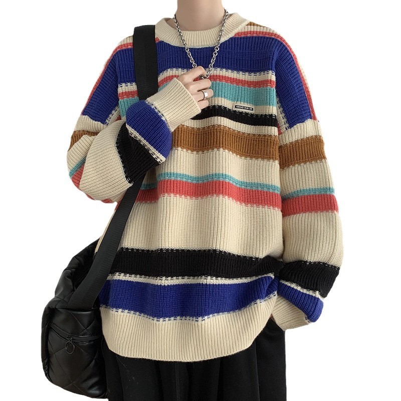 Suéter de punto hueco a rayas de color retro americano otoño e invierno nuevo estilo estilo de Hong Kong solapa suelta tendencia de suéter casual