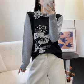 假两件撞色拼接蕾丝翻领羊毛针织衫女复古百搭气质毛衣长袖上衣潮