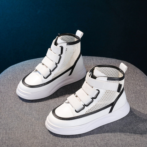 Children's Sports Shoes 2024 Summer New Breathable Mesh Medium and Large Kids High-Top Board Shoes for Girls Casual White Shoes