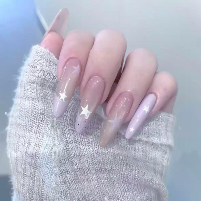 Light purple gradient pentagram press-on nails in a clear nude color for daily commuting, enhancing complexion and giving a high-end aesthetic