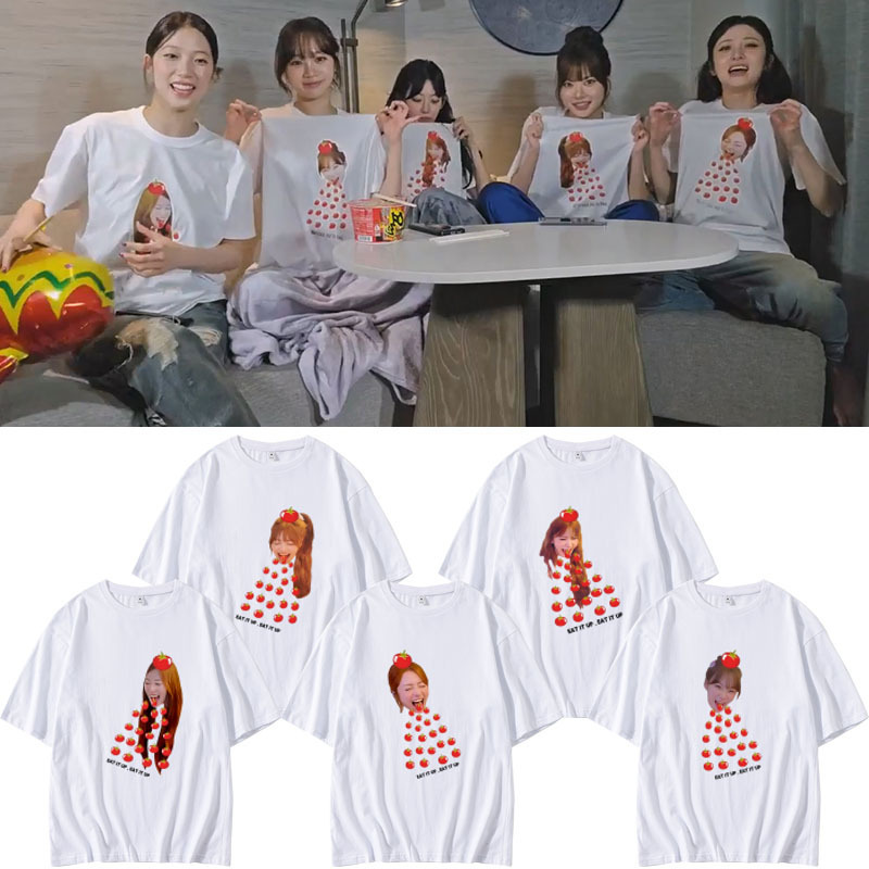 Lesserafim Jin Caiyuan Hong Encai Eatitup Same Style Round Neck Short-Sleeved T-Shirt Loose Printed Cotton Clothes