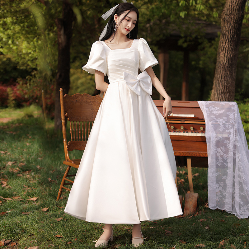 White Dress for Registration, Evening Gown for Women, Autumn Banquet Engagement Dress, French Satin White Dress, Light Wedding Dress White Dress for Registration, Evening Gown for Women, Autumn Banquet Engagement Dress, French Satin White Dress, Light Wedding Dress