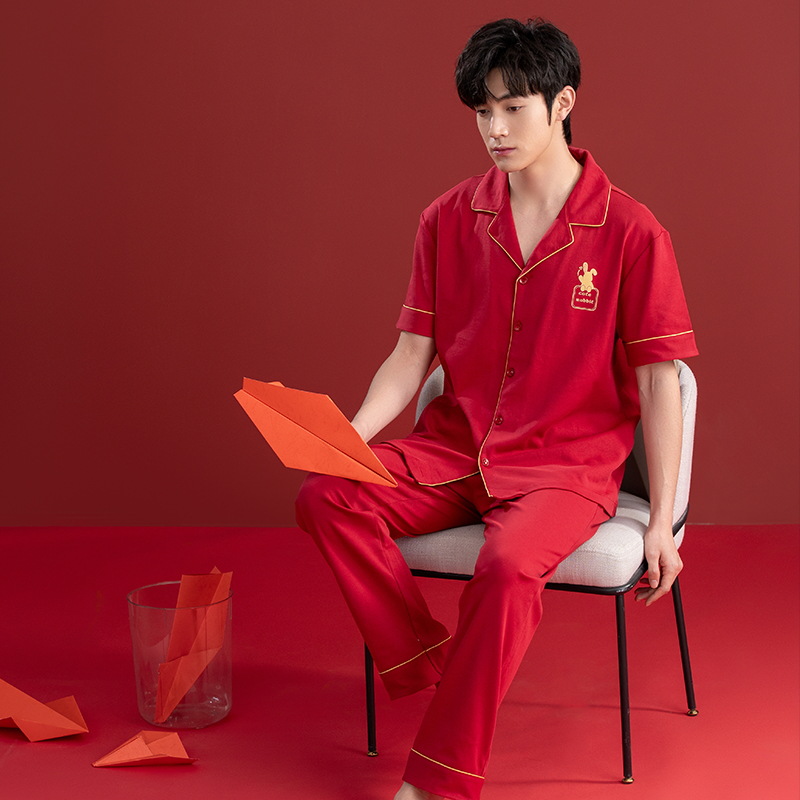 Pijamas de las mujeres verano algodón manga corta media manga Pantalones rojo año nacimiento boda desgaste del hogar verano 2024 Nuevo