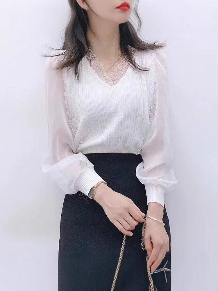 秋季新款蕾丝雪纺拼接针织衫长袖V领修身衬衫女御姐风洋气百搭