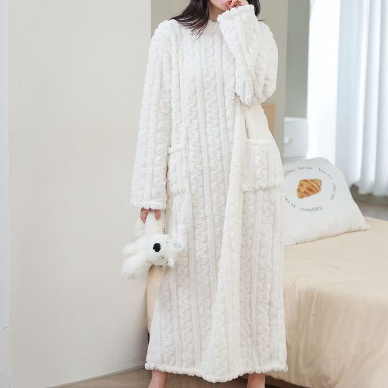 珊瑚绒睡裙女秋冬款大码提花舒棉绒睡衣保暖家居服中长款浴袍裙子|undefined