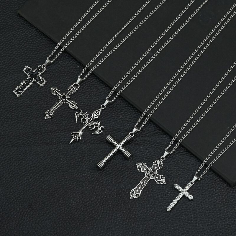 European and American Cross-Border Popular Cross Pendant Necklace Hip-Hop Street Fashion Retro Style Titanium Steel Sweater Chain Wholesale