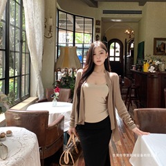 卡其色长袖开衫外套吊带背心女秋季休闲套装气质包臀半身裙三件套
