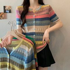 高品質ウールストライプニット2024夏の新商品半袖女性の薄いタイプの透かし彫りのフレンチカーディガンの女性の上着