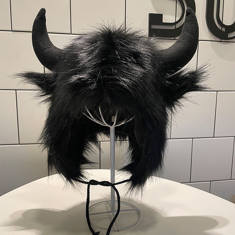 Toro Demon King Sombrero con forma de cuerno, peludo, sombrero Lei Feng, hombres y mujeres, gorro de oreja cálido de invierno más sombrero de algodón de ciclismo grueso de terciopelo