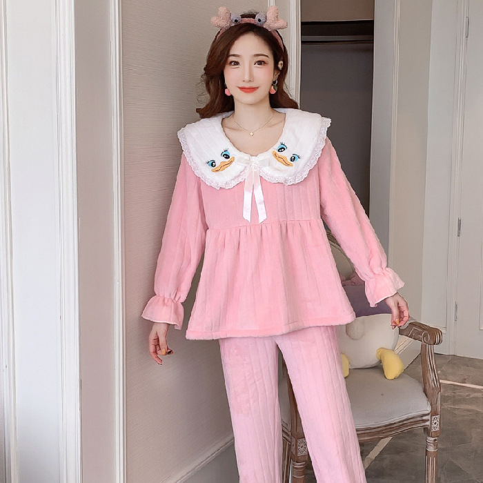 Sweet Girl Pink pijamas otoño e invierno cálido simple ropa para el hogar nuevo traje de terciopelo coral de terciopelo azul forrado de lana gruesa