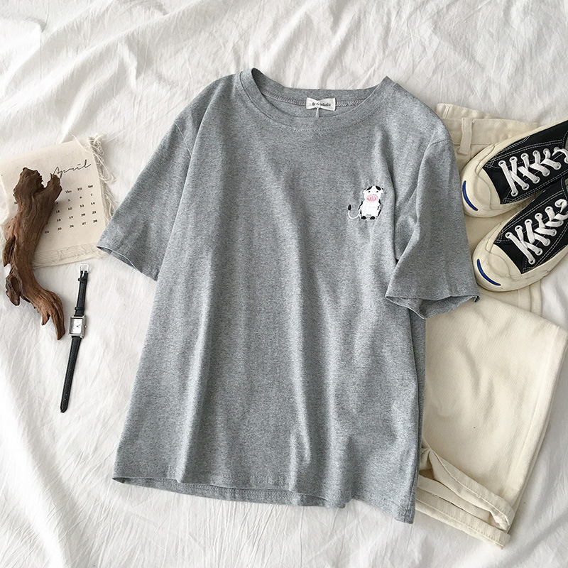 Nuova maglietta sudcoreana a maniche corte da studente con ricamo a forma di animale della Corea del Sud, girocollo, abiti estivi, vestibilità ampia, per donna_voghion.com