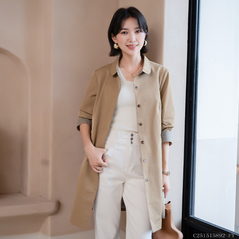 YUN韫中长款风衣外套女宽松通勤春秋简约单排扣休闲百搭翻领外套|undefined