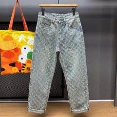 新款潮牌宽松直筒纯蓝色水洗牛仔裤小众国潮设计感提花复古阔腿