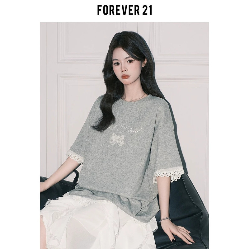 Forever21 Lace Splicing Gray Round Neck Short-Sleeved T-Shirt Women's Summer Bow Korean Style Loose Top Forever21 Lace Splicing Gray Round Neck Short-Sleeved T-Shirt Women's Summer Bow Korean Style Loose Top