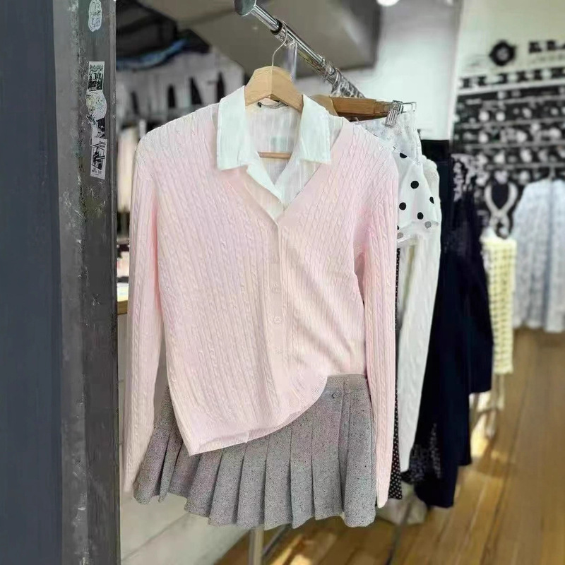 Bm Style Light Pink Twist Knit Cardigan American Style Spring and Autumn New V-Neck Pure Desire Versatile Knit Sweater Jacket