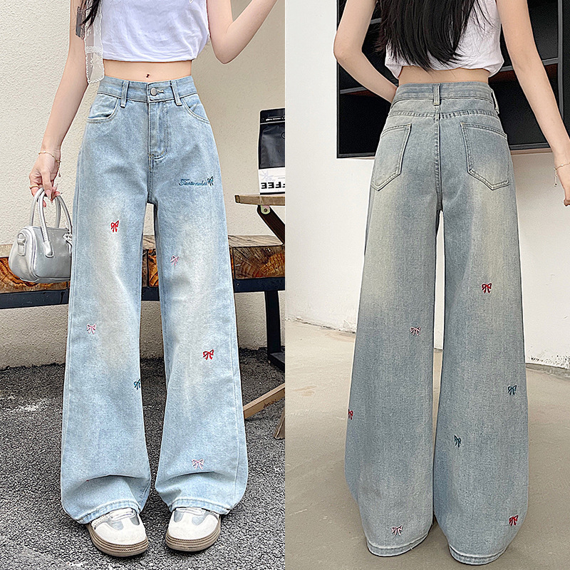 美式高街牛仔裤女蓝色刺绣休闲百搭高腰显瘦宽松直筒阔腿拖地裤子|undefined