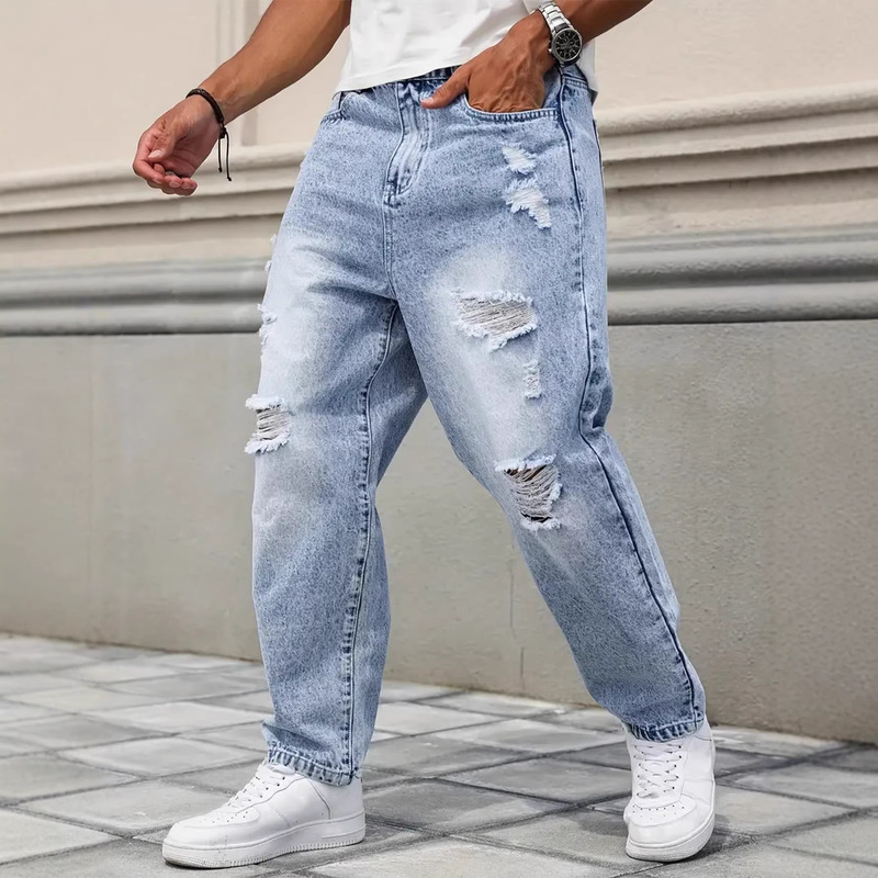 Men's Straight-Leg Non-Stretch Light Blue Jeans, Cycling Style, Ripped and Distressed Denim Pants Men's Straight-Leg Non-Stretch Light Blue Jeans, Cycling Style, Ripped and Distressed Denim Pants