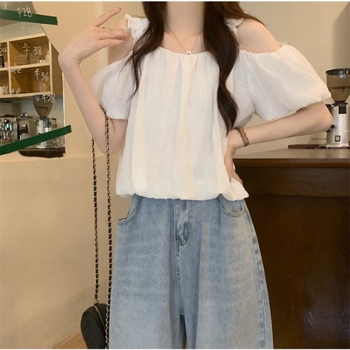 French one-shoulder spaghetti strap short-sleeve women's summer design sense niche loose slimming off-shoulder bubble sleeve top