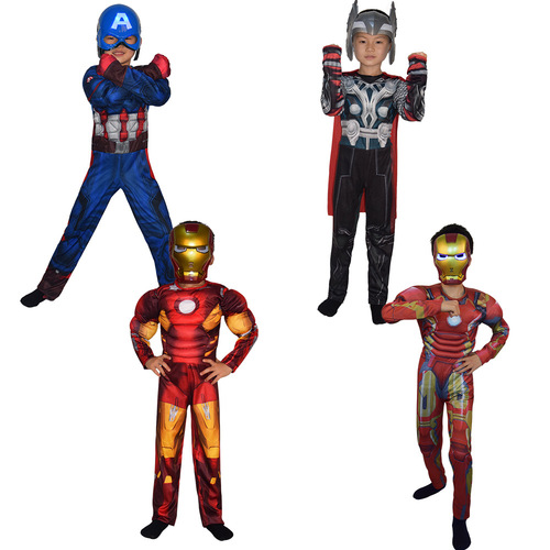 Halloween cosplay costumes for children, including Captain America, Iron Man, Thor, and Hulk costumes for performance sets.