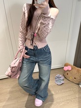 适美甜美风波点斜肩长袖毛衣女秋季减龄chic显瘦针织开衫上衣