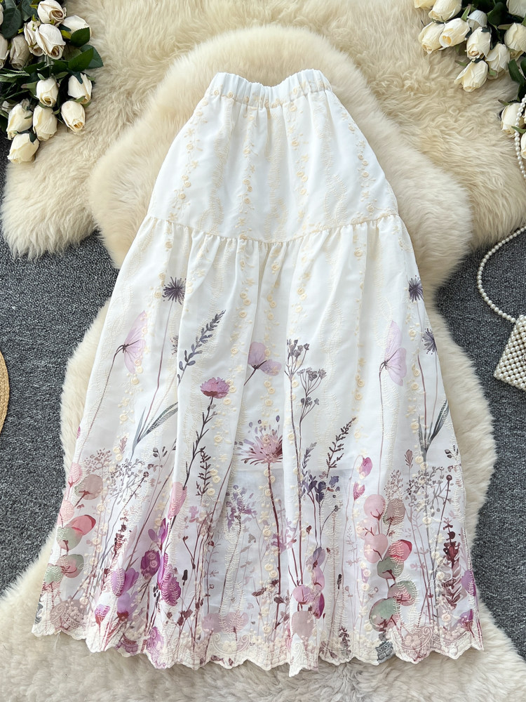 Women's French Sweet Style Floral Print Patchwork A-Line Midi Skirt High Waist Slimming mid Length Summer Fairy like Cake Skirt_ecoleips.com