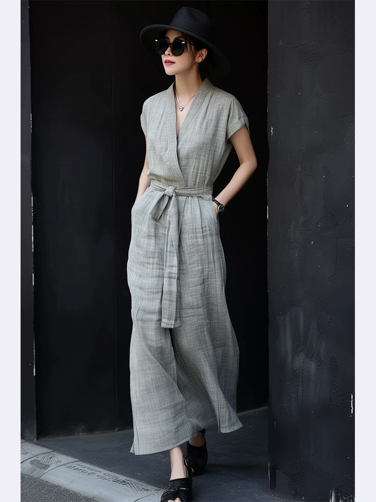Váy liền vải lanh cotton cổ chữ V chiết eo tinh tế mùa hè — Váy vải lanh màu xám