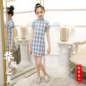 Blue red plaid Cheongsam qipao for girlscheongsam children Chinese wind restoring ancient ways with short sleeves dress hanfu tang suit