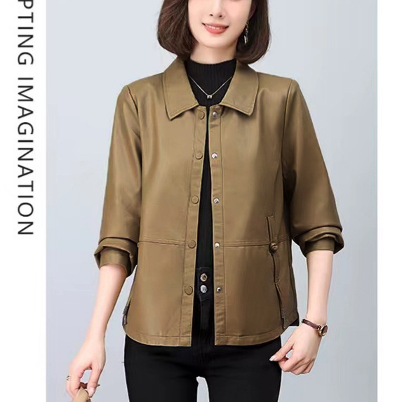 New Chinese Style National Style Buckle Short Leather Women's Coat Mother Spring and Autumn New Loose Western Style Fashion Full Net Low Price