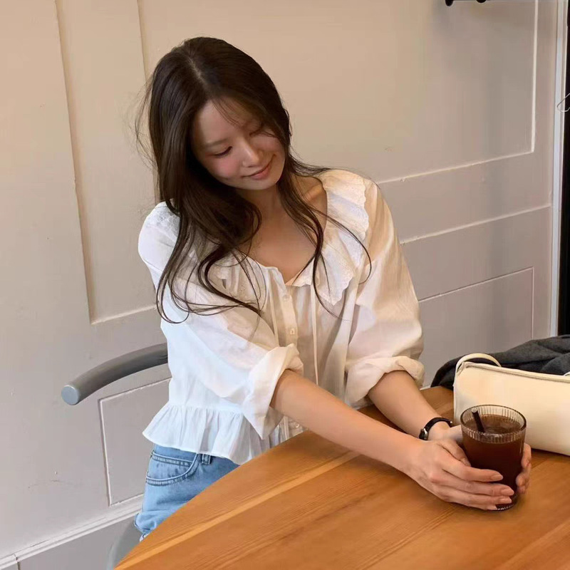 Xh Korean-Style Ruffled Puff Sleeve Shirt, Dongdaemun Autumn New Gentle and Sweet Solid Color Top for Women